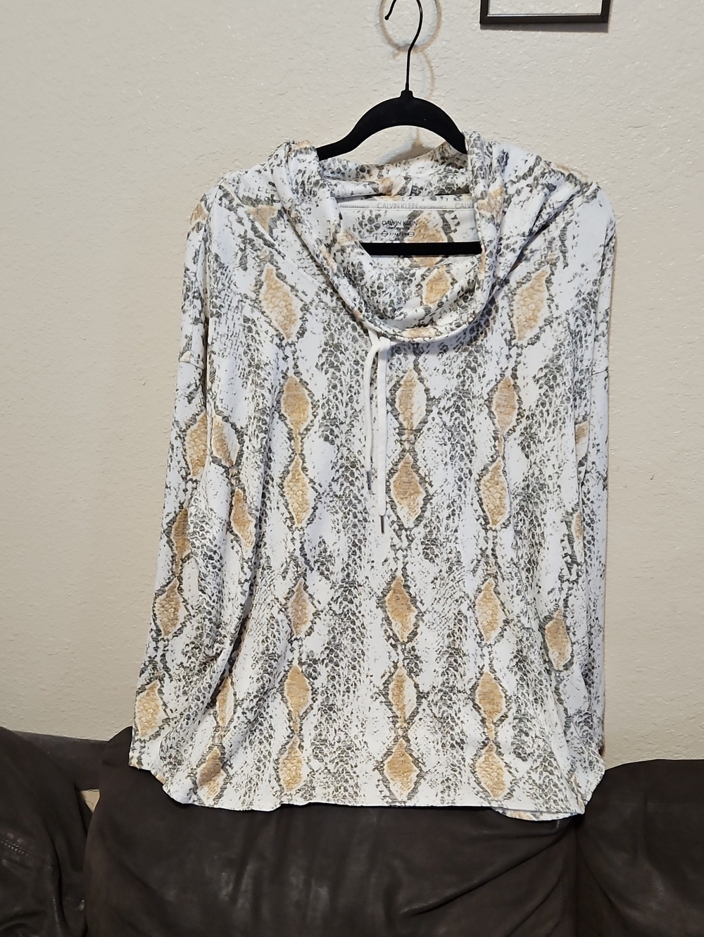 Calvin Klein Snake-Print Cowl Neck Hoodie in White, Tan & Gray